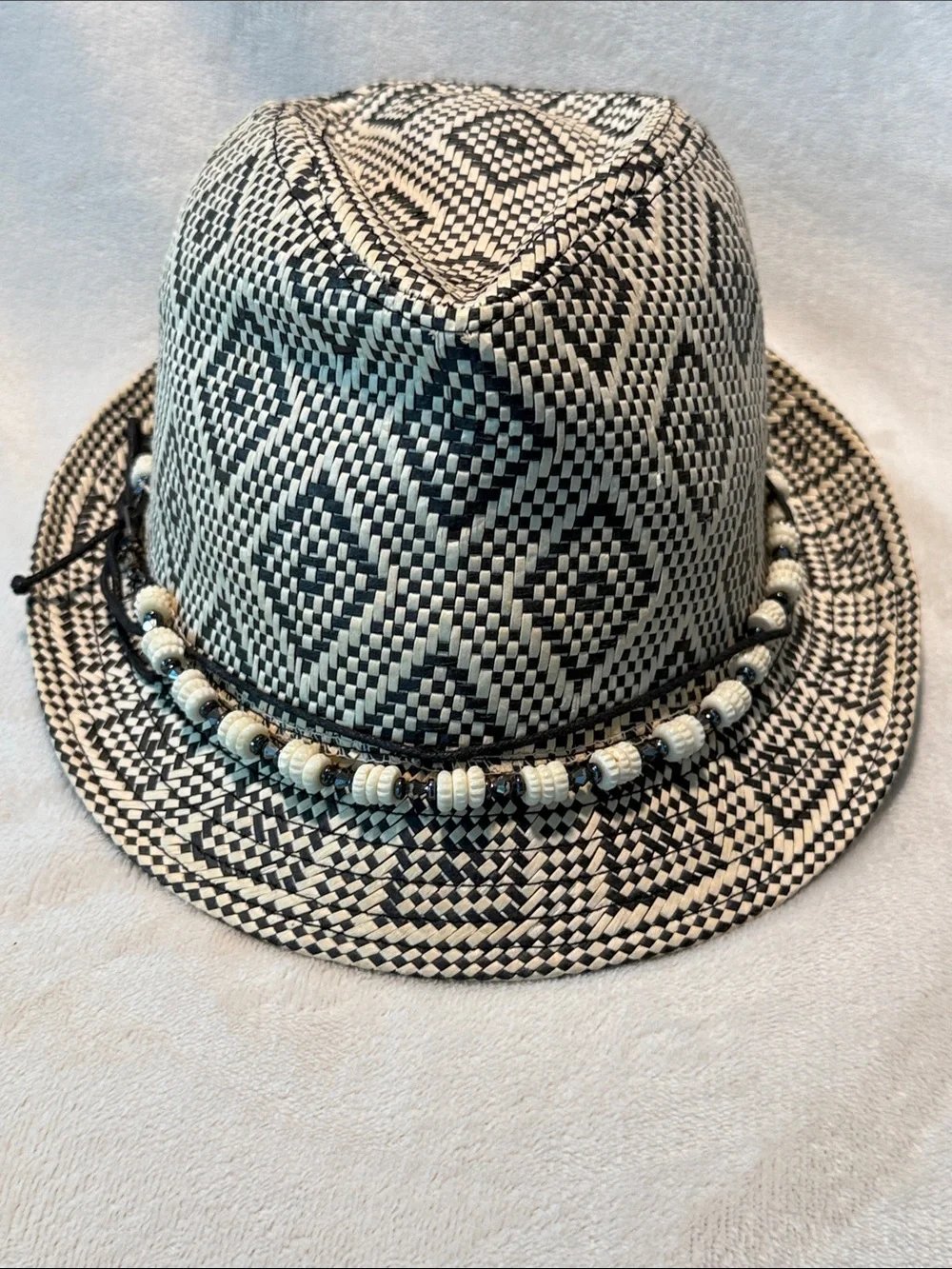 Unisex Black & White Woven Fedora with Beaded Band